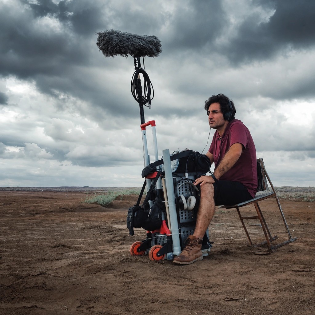 Morteza Najaflo on location with headphones beside the sound cart and boom in an open field.