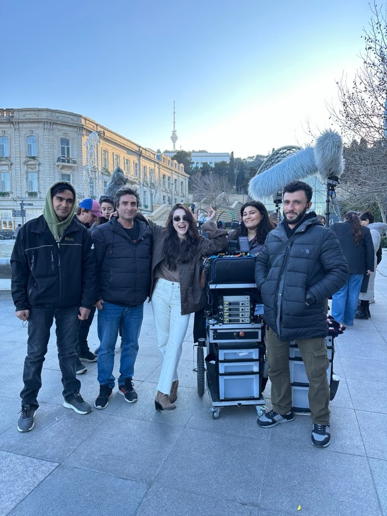 44 sound crew with cart and boom in a Baku plaza